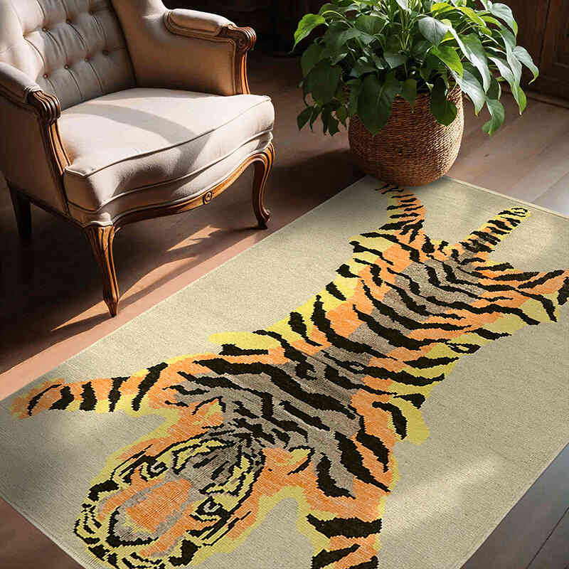 Alfombra Nueva de Nudo a Mano con Diseño de Tigre - 141 cm x 188 cm - K0079198