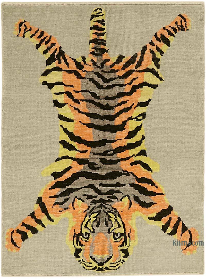 Alfombra Nueva de Nudo a Mano con Diseño de Tigre - 141 cm x 188 cm - K0079198