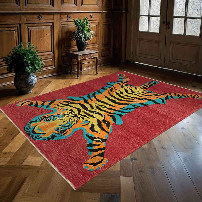 Alfombra Nueva de Nudo a Mano con Diseño de Tigre - 167 cm x 223 cm - K0079199