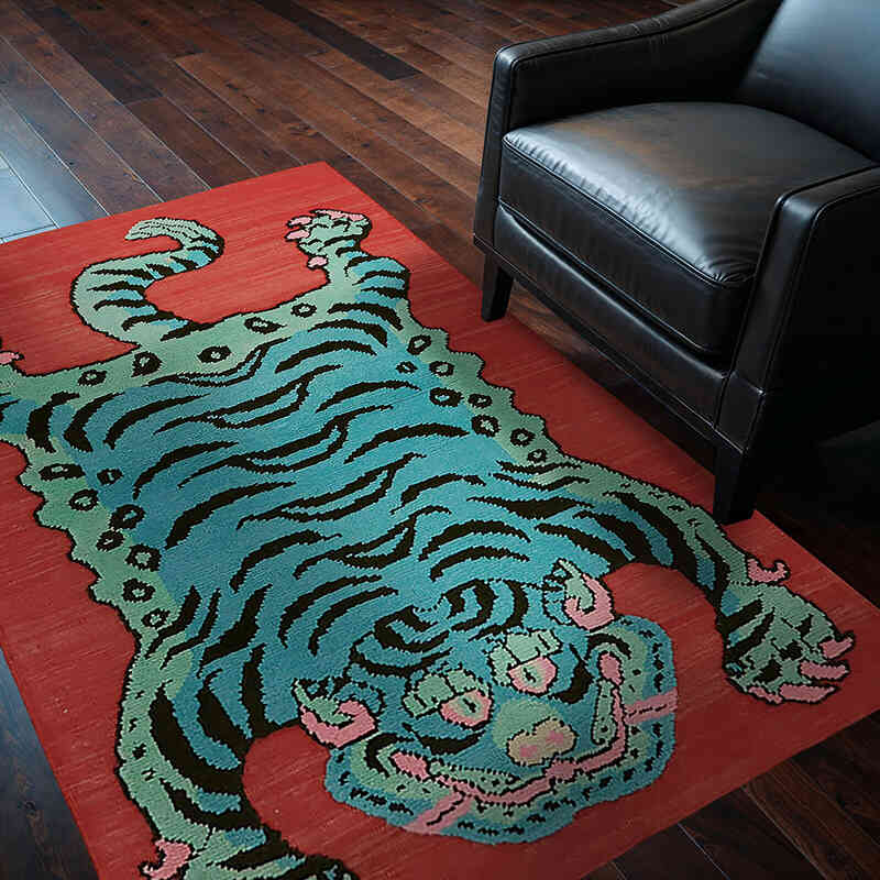 Alfombra Nueva de Nudo a Mano con Diseño de Tigre - 121 cm x 178 cm - K0079205