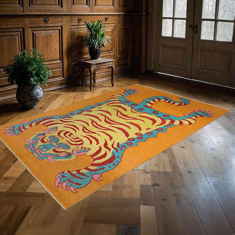 Alfombra Nueva de Nudo a Mano con Diseño de Tigre - 155 cm x 246 cm - K0079215