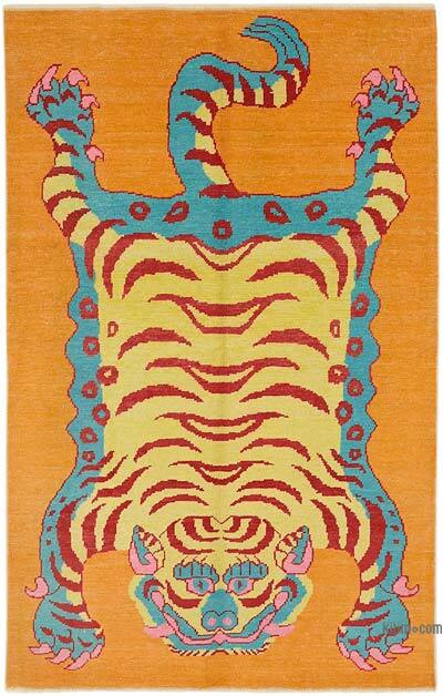 Alfombra Nueva de Nudo a Mano con Diseño de Tigre - 155 cm x 246 cm