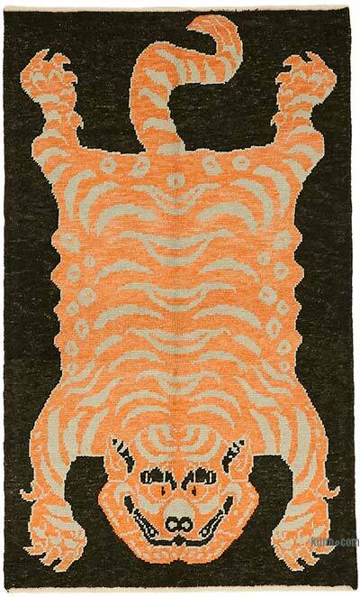 Alfombra Nueva de Nudo a Mano con Diseño de Tigre - 130 cm x 208 cm
