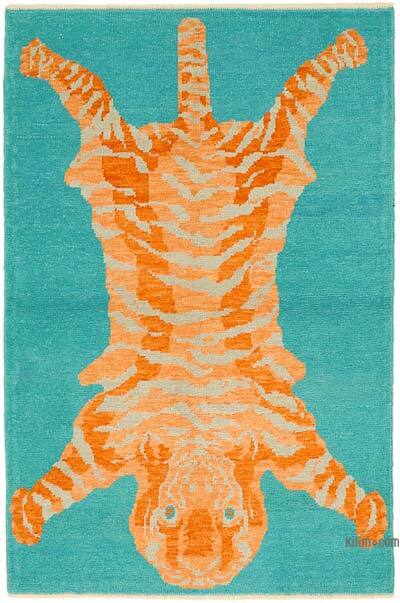 Alfombra Nueva de Nudo a Mano con Diseño de Tigre - 123 cm x 184 cm