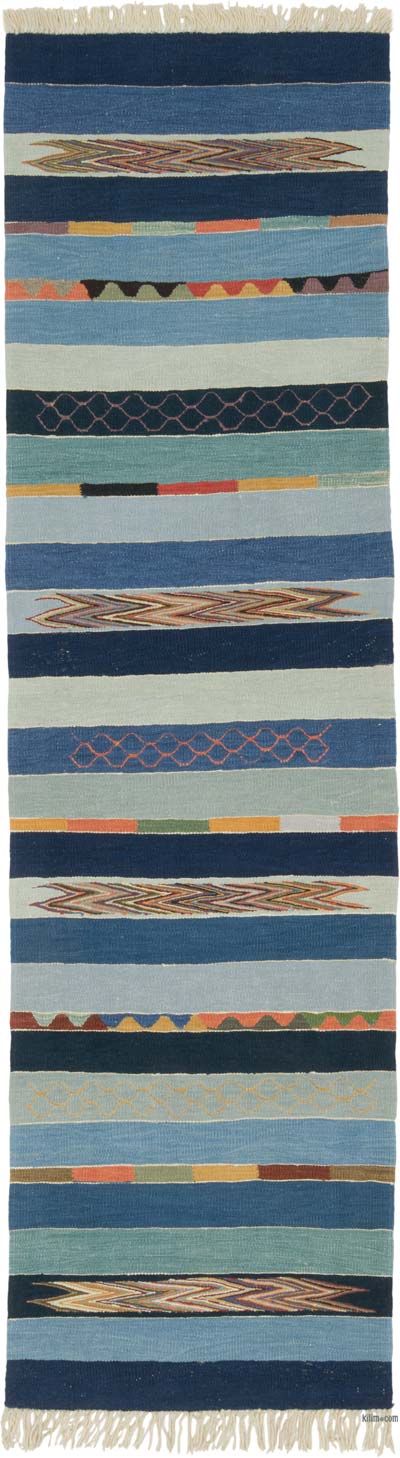 Mavi Yeni Kök Boya El Dokuma Yolluk Kilim - 85 cm x 302 cm
